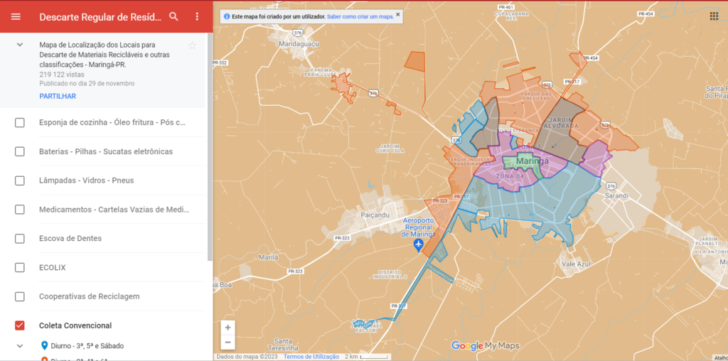 A imagem apresenta o mapa interativo da campanha Recicla Maringá